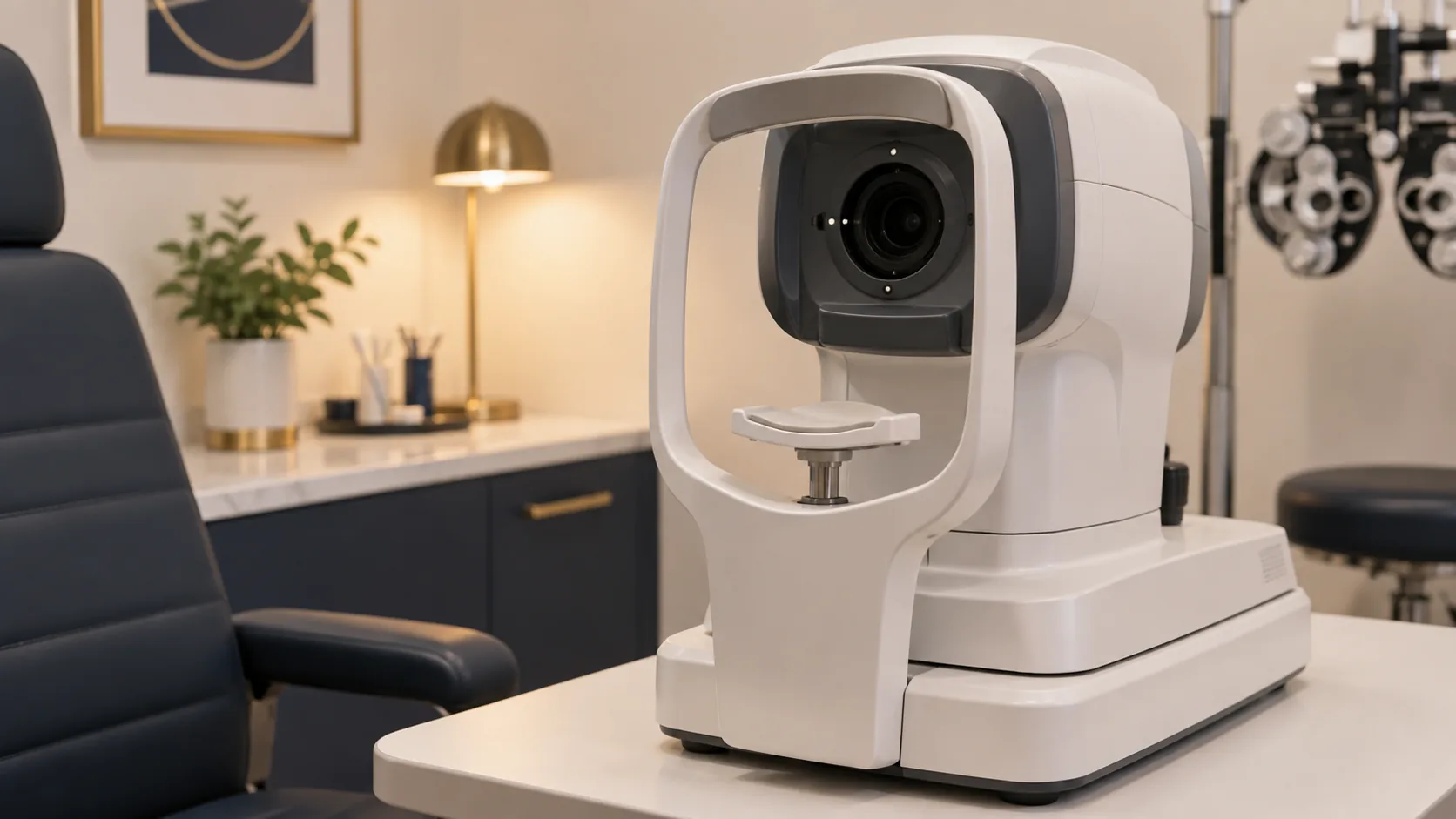 Equipamento oftalmológico ilustrativo de avaliação ocular, com apoio para o rosto.